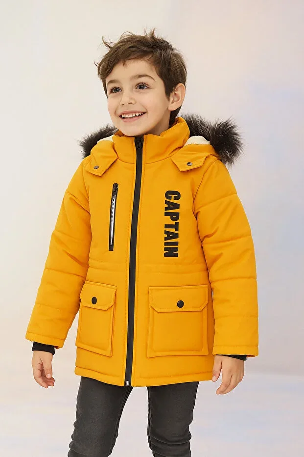 Thick Fiber Filled Water Wind and Rainproof Hooded Mustard Boys Winter Luxury Coat