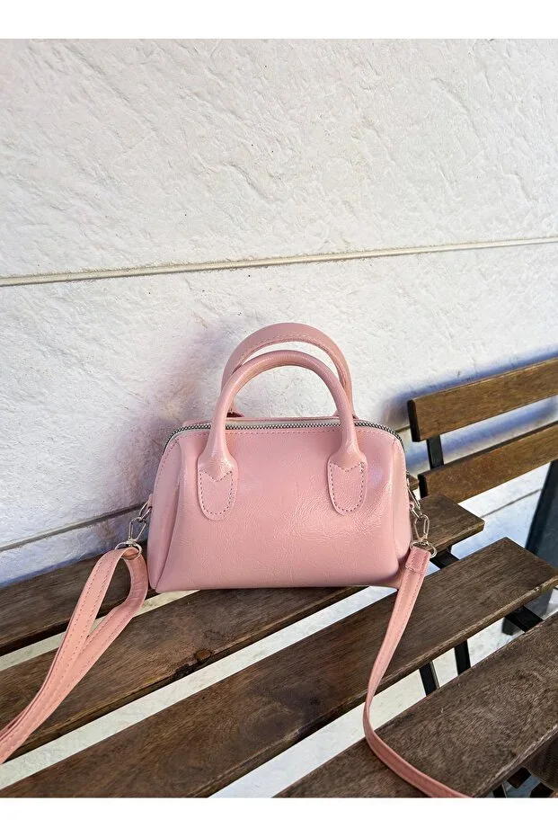 Pink Faux Leather Crinkled Fabric Single Compartment Zippered Adjustable Strap Hand Shoulder Bag