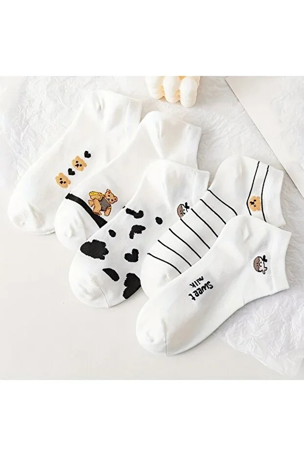 5 Pairs Panda / Cow Pattern White Patterned Women's Ankle Socks
