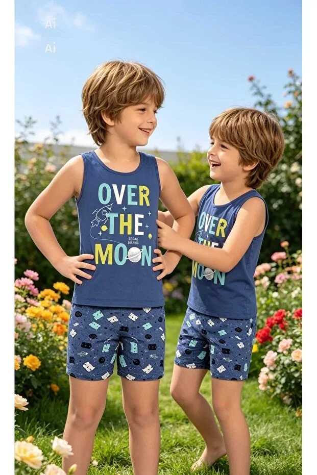 Boys' Space Themed Navy Blue T-shirt & Shorts Soft Cotton Jersey Trend Pajama Set
