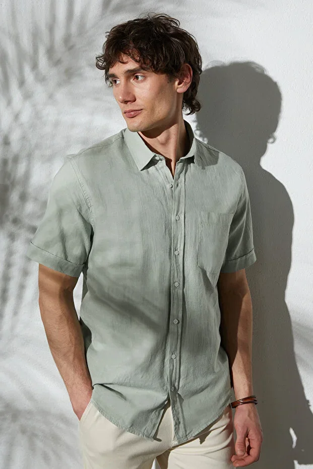 Men's Regular Fit Classic Cut Oversize 100% Cotton Linen Texture Pocket Green Shirt