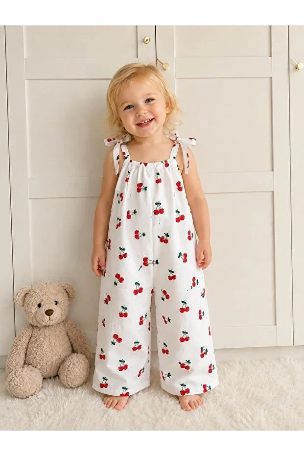Girls Cherry Print Lace-Up Jumpsuit 100% Cotton Summer Relaxed Fit
