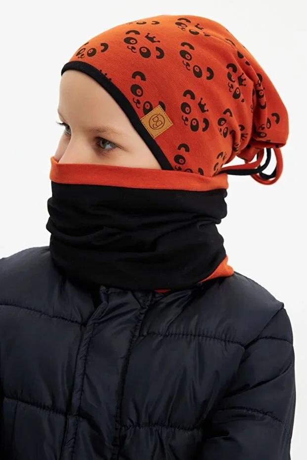Boys Panda Print Hat Scarf Set Soft Double Layered 100% Natural Cotton Combed