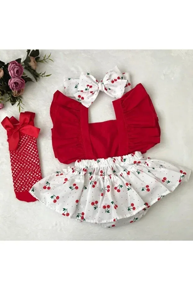 Girls Cherry Pattern Ruffle Salopette Bandana Red Mesh Socks Set