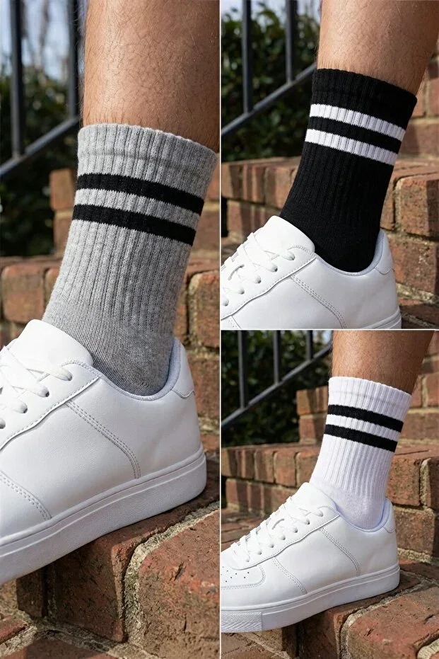 Unisex 3-Pack 90% Cotton Striped College Sock Set - Black - White - Grey