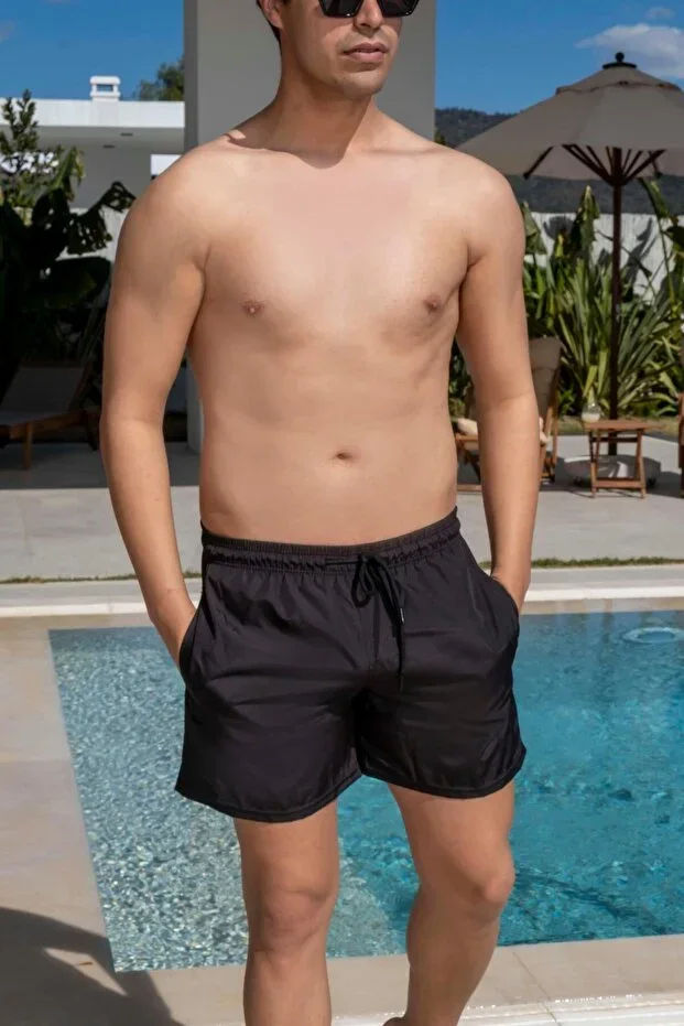 Quick Drying Pocketed Black Men's Swim Shorts
