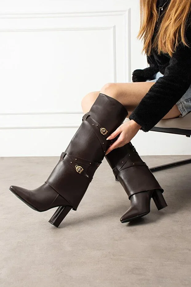 Yavo Women's Boot Bellows Cross Belt Buckled Coffee Leather