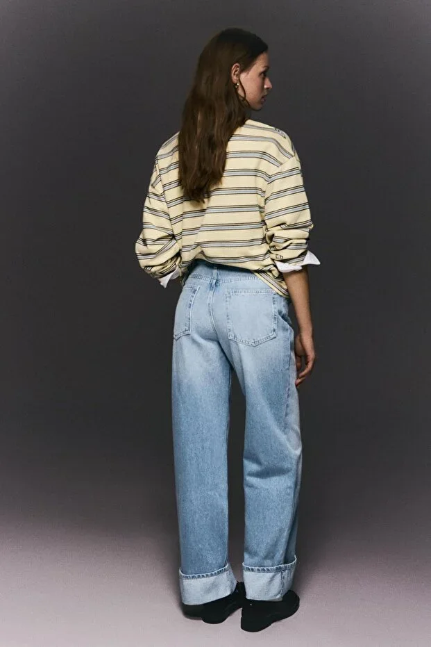 Bershka High waist straight fit wide leg cuffed jeans