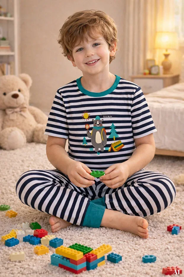 Boys Cotton Striped Printed Short Sleeve Long Bottom Pajama Set