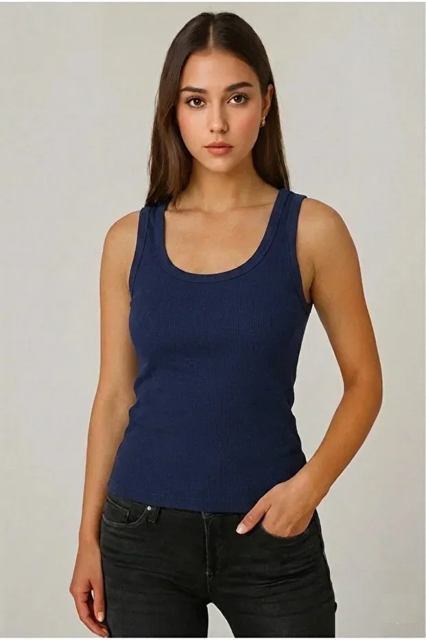 Women's Wide Strap Ribbed Camisole Navy Blue Tank Top – Novelle
