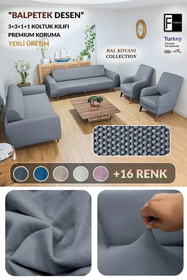 Balpeteği 3+3+1+1 Dark Grey Elastic Sofa Cover | Armchair Cover | Sofa Cover Set