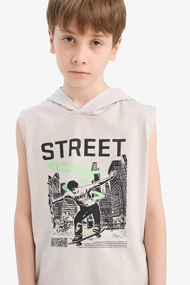DeFacto 100% Cotton Hooded Printed T-Shirt Boy F0689A825HS