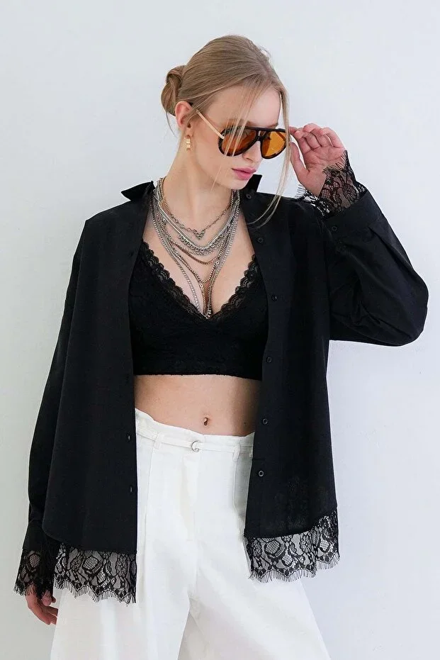 Women's Black Skirt With Lace Detailed Oversize Poplin Shirt Alc-X15447