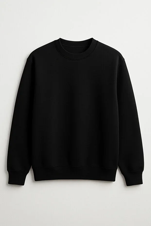 Men's Slim Fit Crew Neck Plain Unprinted 3-Thread Sweatshirt Black