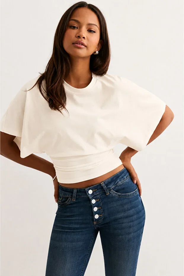 Cockatoo QLAY Women's Slim Fit Wide Sleeve Natural Viscose Blouse - Soft Textured Stylish Summer Round Neck