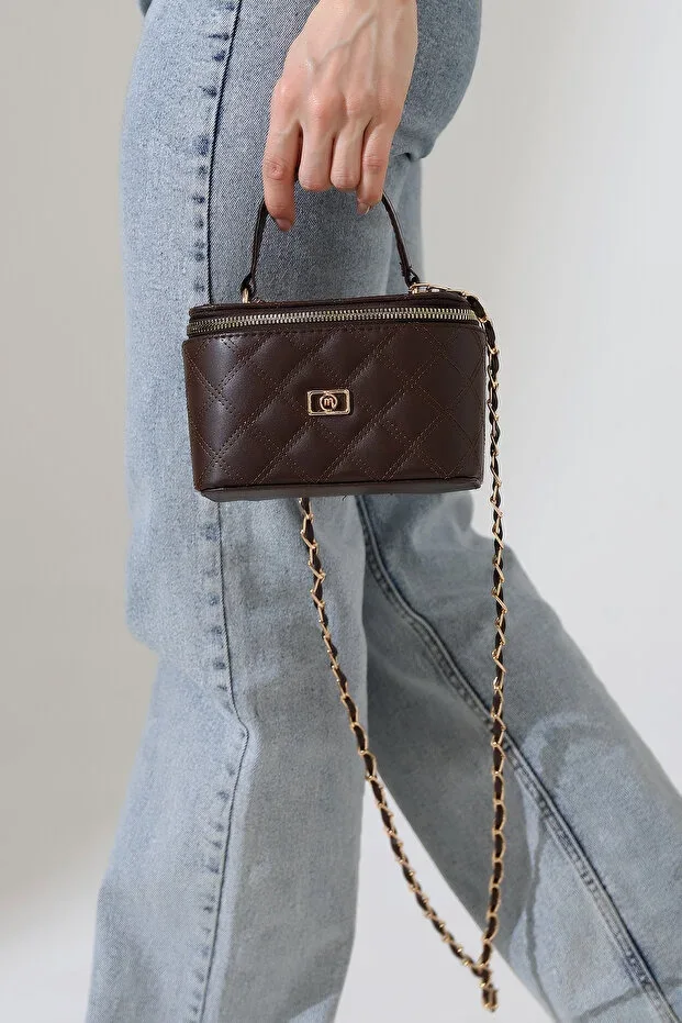 BROWN MINI BAG WOMEN'S QUILTED PATTERN CROSSBODY CHAIN STRAP DAILY CHIC BAG