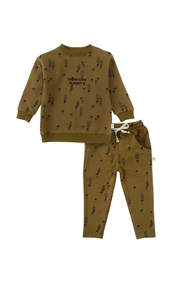 Children's Tracksuit Fuzzy Inside Khaki Hazelnut Pattern Organic Cotton