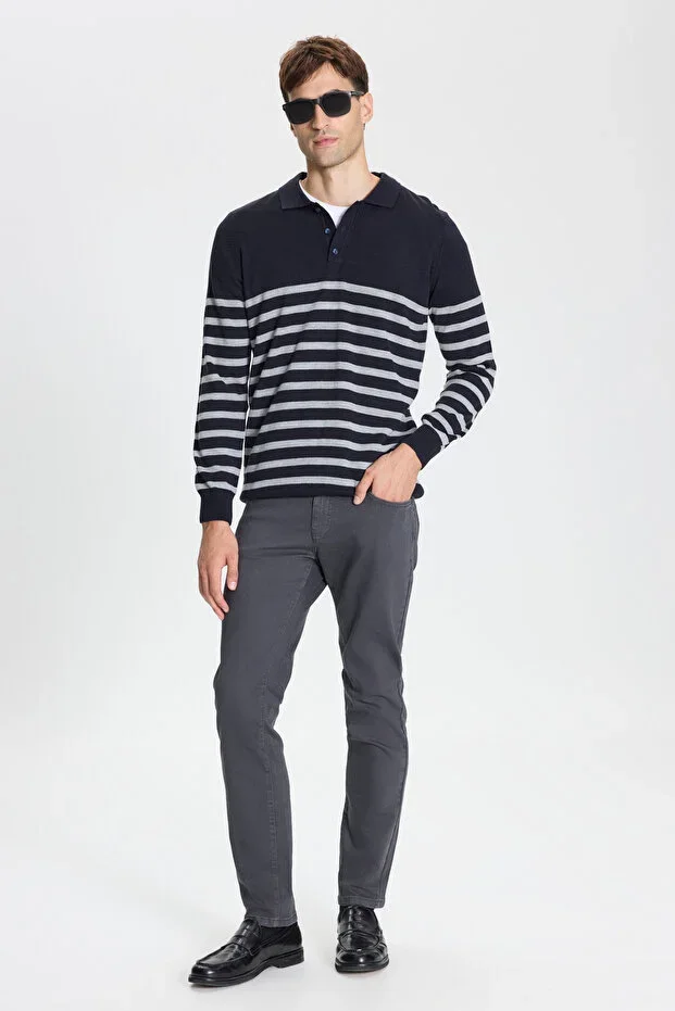 Navy Blue-Grey Standard Fit Regular Cut Striped Polo Neck Knitwear Sweater