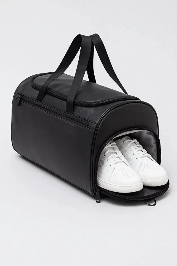 Black Artificial Leather Side Shoe Compartment Unisex Large Capacity Travel Sports Fitness Gym Bag - 00124