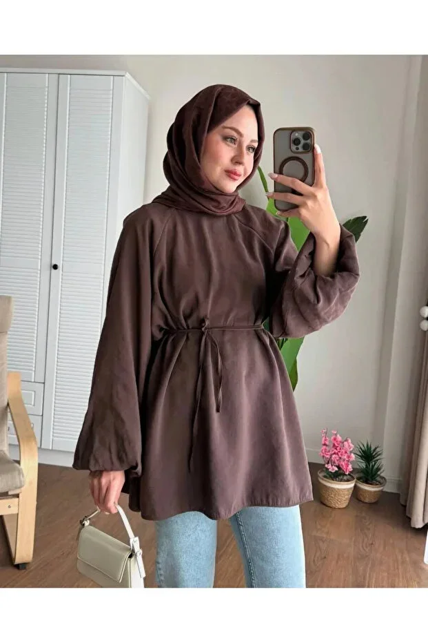 Genel Markalar BALLOON SLEEVE WAIST-TIE MODEST SHIRT