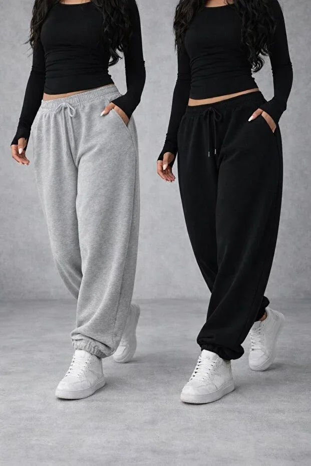 TWO PIECES BLACK/GREY COMFORT FIT OVERSIZE SWEATPANTS WITH ELASTIC CUFFS