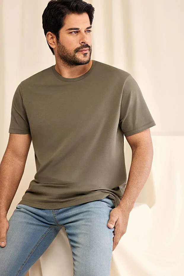 Men's/Unisex Khaki 100% Cotton Slim Fit Round Neck Basic T-Shirt