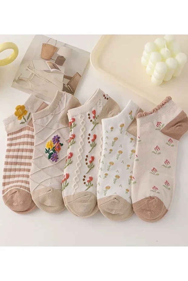 5 Pairs Flower Rose Pattern Women's Socks