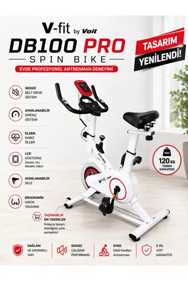 Db100 Pro Beyaz Spin Bike Elden Nabız Ölçer Direnci Ayarlanabilir Sessiz Çalışır