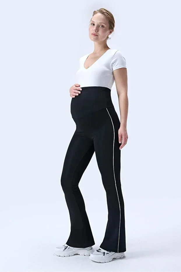 437 Black Piped Shaping and Extra Stretchy High Waist Flare Leg Maternity Leggings