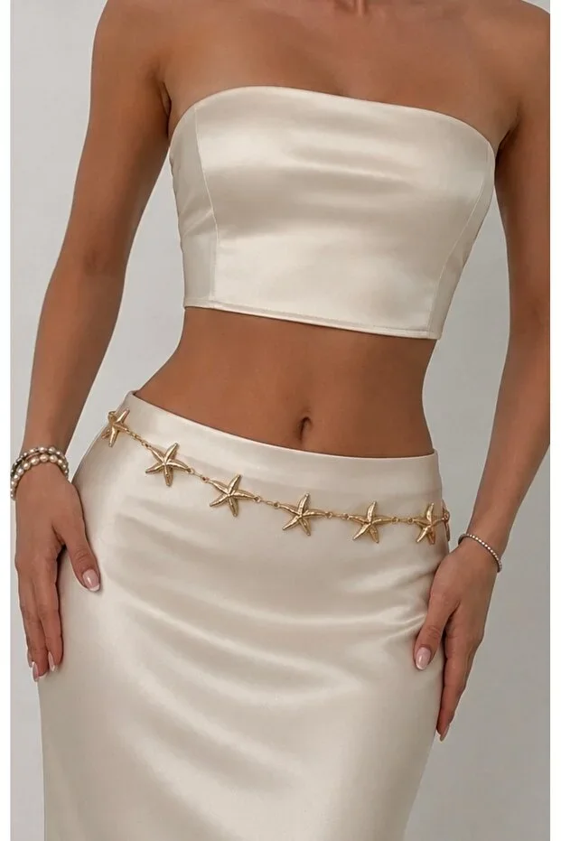 Women's Gold Star Figured Waist Chain Belt - Stylish Accessory Compatible with Dresses, Pants, and Skirts