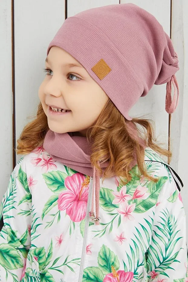Baby Girl Kids Dark Pink String Hat Beanie Scarf Set Comfortable 100% Cotton Ribbed Local Production