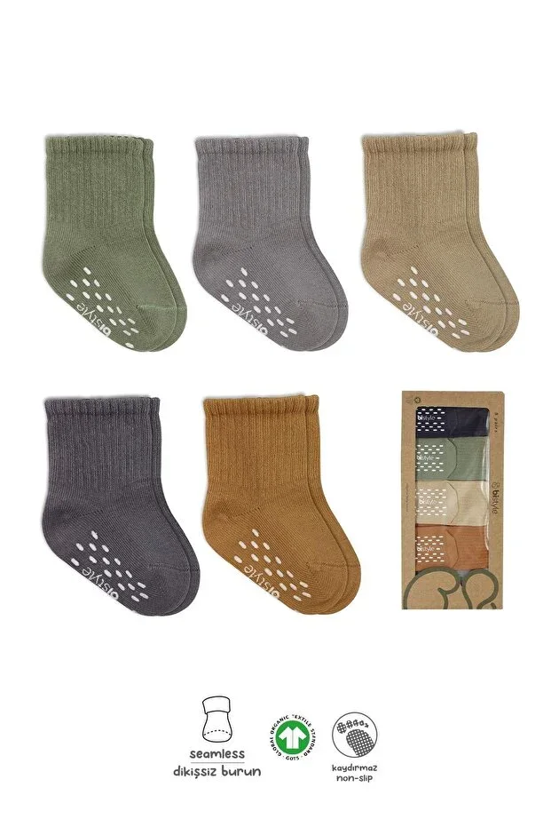 Organic Girl Boy Baby Child 5-Piece Plain Non-Slip Combed Cotton Sock Boxed