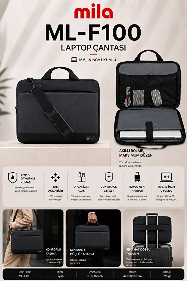 Classone ML-F100 13,14,15.6" Mila Laptop Bag, Compatible with Lenovo, Hp, Asus, Macbook, Mac Air - Black