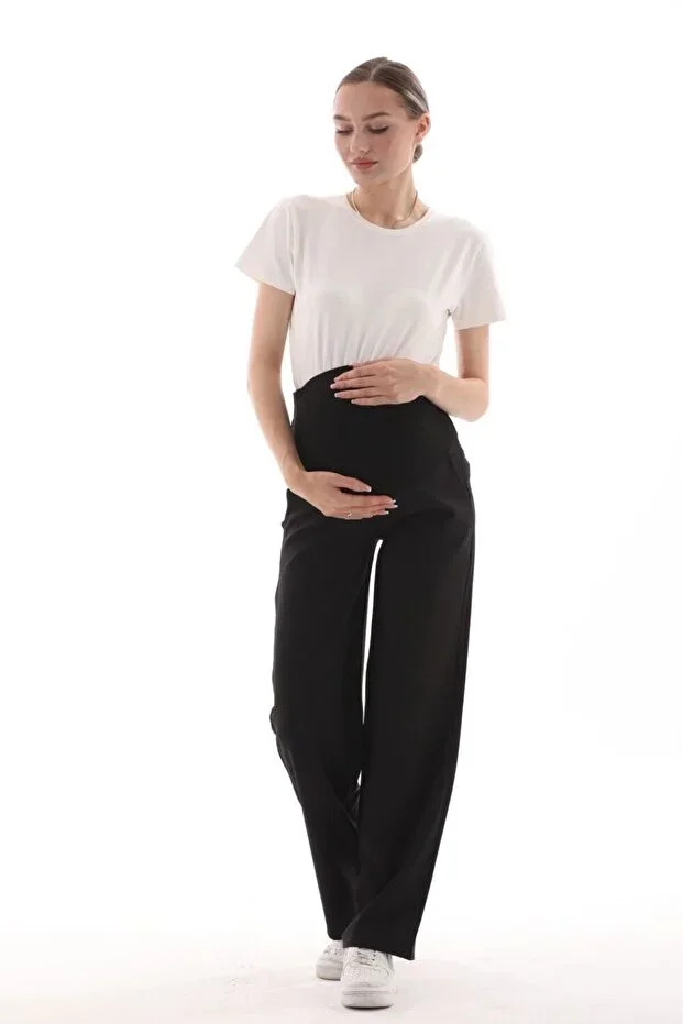 BIG LESSON Maternity Flexible Belly Band Adjustable Waist Wide Leg Gabardine Pants Black