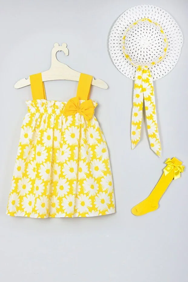 Dress with Hood Flower Pattern Knee-length Bow Sock Set 010