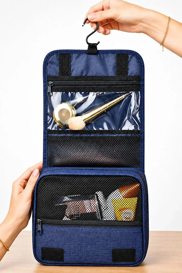 Metal Strap Navy Blue Travel Makeup Bag Portable Large Makeup Bag Cosmetic Bag