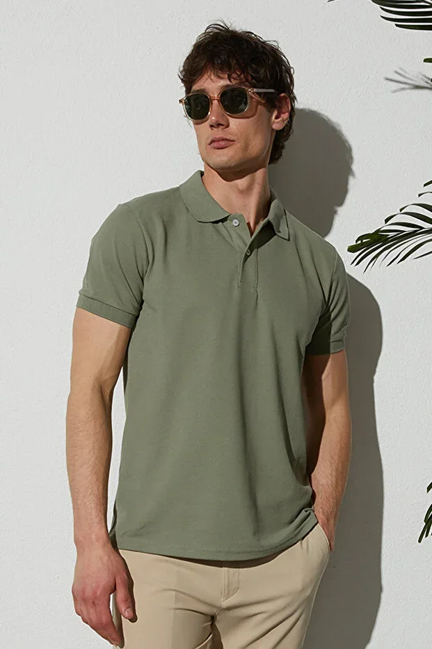 Men's Slim Fit Narrow Cut Cotton Soft Texture Cool Fabric Plain Pike Khaki Polo Neck T-shirt