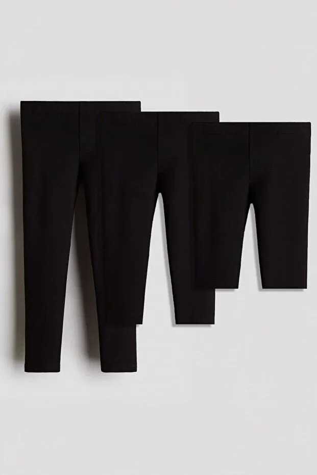 %95 Cotton 3-Piece Girls' Tights Set - Long, Capri, and Shorts Model Black