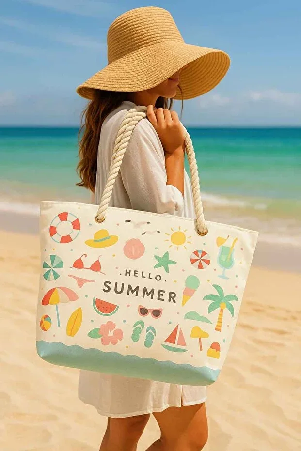 Hello Summer Patterned Large Picnic and Beach Bag – Rope Handle – 55x36x15 cm