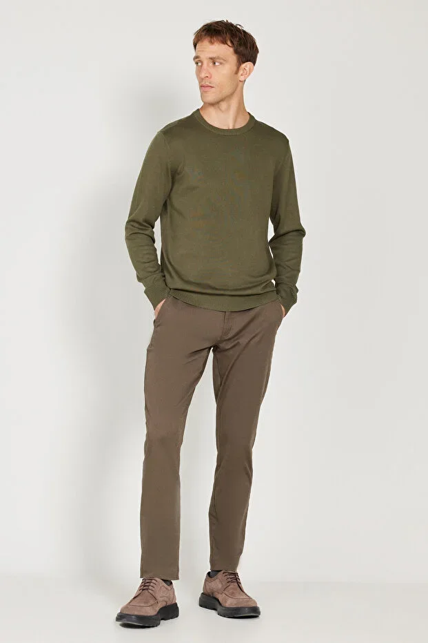 Khaki Standard Fit Regular Fit Crew Neck Knit Sweater