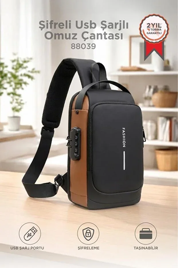 Shoulder Bag Password USB Charging Daily Bag 88039 Brown