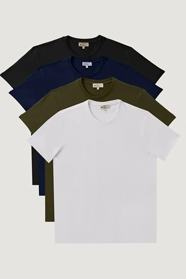 Men's White-Black-Navy-Khaki Slim Fit Round Neck 100% Cotton 4-Pack Basic T-Shirt