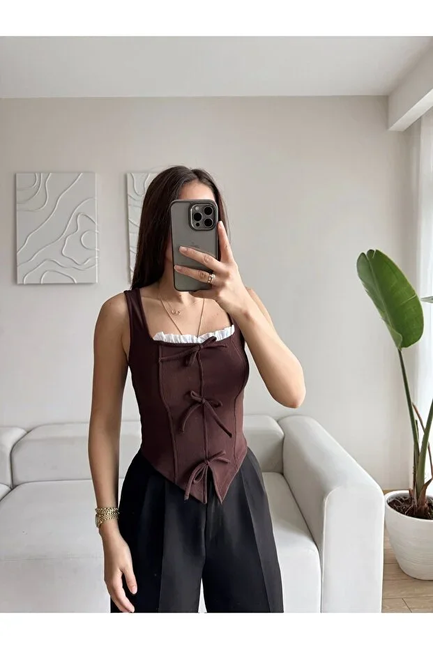 Blouse with Bow Trim - COFFEE