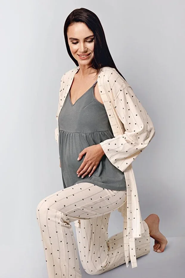 Cream Maternity 3-Piece Set, Strappy Camisole, Robe and Pants, 100% Cotton
