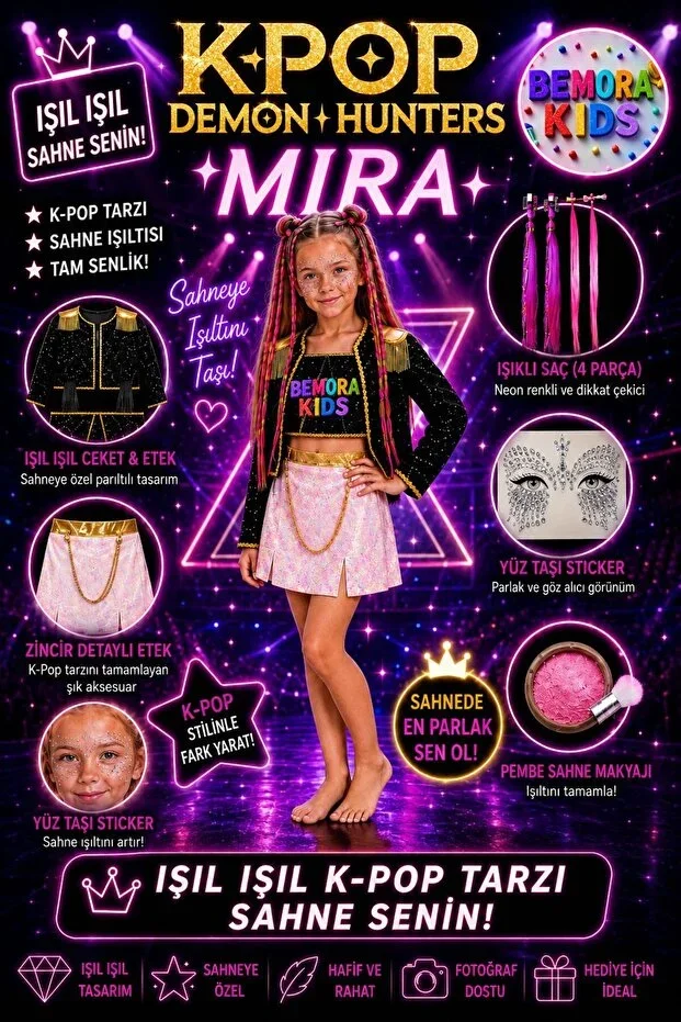 kpop mira huntrix mira iblis avcıları costume skirt jacket bustier blouse + kpop mira pink luminous glitter hair + pink hair powder + face stone birthday party set