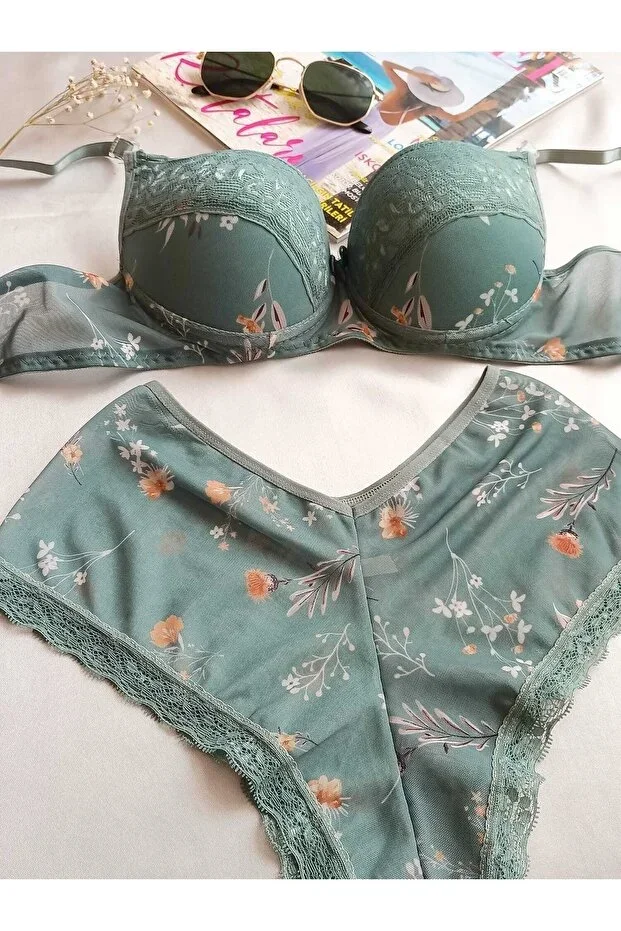 Women's Padded Supportive Floral Print Petrol Green Boxer Type Lingerie Set
