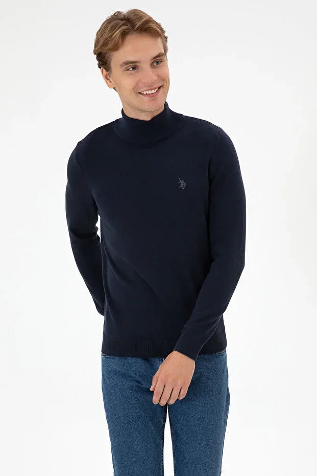 Men's Slim Fit Turtleneck Navy Melange Basic Sweater 50313712-VR033