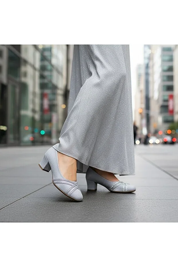 STONE DETAILED SQUARE TOE 5 CM MOTHER MODEL SILVER HEEL SHOES