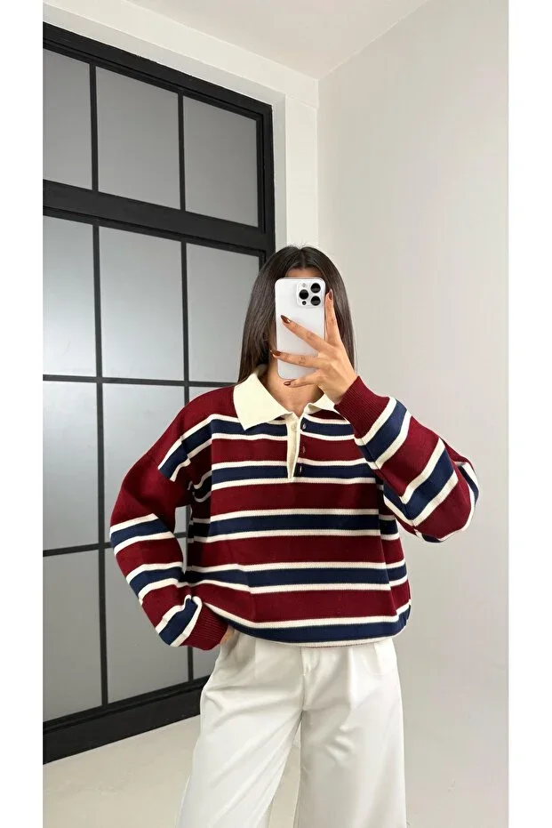 Striped Shirt Collar Knit Sweater