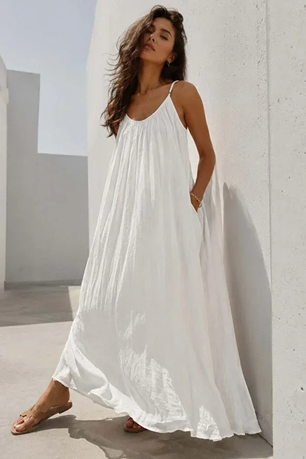White Halter Neck Strappy Long Basic Women's Dress MG2163